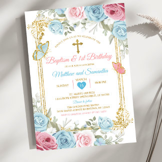 Pastel Blue Pink Gold Baptism & 1st Birthday Invitation