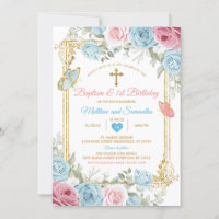 Pastel Blue Pink Gold Baptism & 1st Birthday