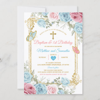 Pastel Blue Pink Gold Baptism & 1st Birthday Invitation