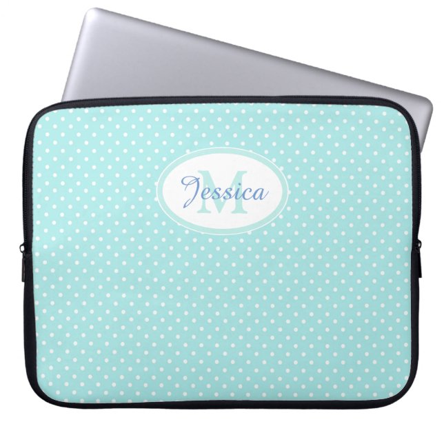 Pastel Blue Polka Dot Personalised Laptop Sleeve (Front)