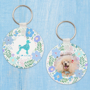 Pastel Blue Poodle Custom Floral Name & Photo Keychain