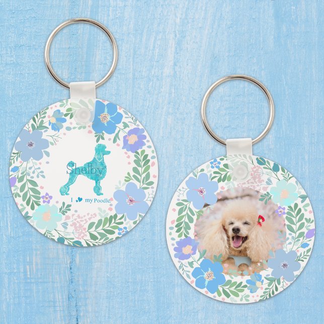 Pastel Blue Poodle Custom Floral Name & Photo Keychain (Creator Uploaded)