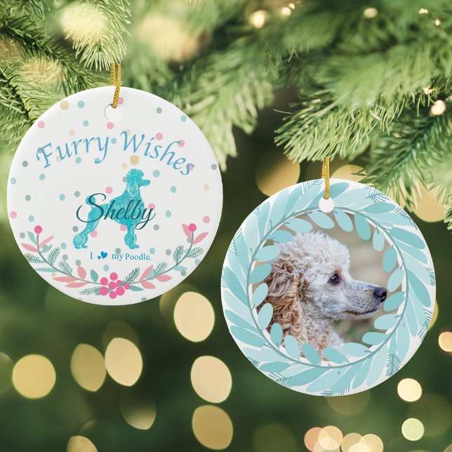 Pastel Blue Poodle - Custom Photo & Name Ceramic Ornament (Creator Uploaded)