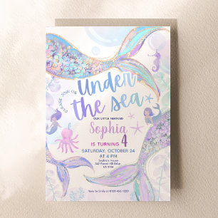 Pastel Blue Purple Gold Glitter Mermaid Birthday Invitation