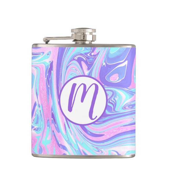 Pastel Blue & Purple Marble Liquid Texture Hip Flask (Front)