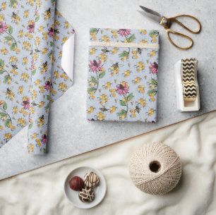 Pastel Blue Queen Bee, Honeycomb & Exotic Flowers Wrapping Paper