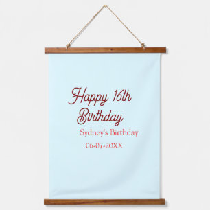 Pastel blue red happy 16th birthday name date eleg hanging tapestry