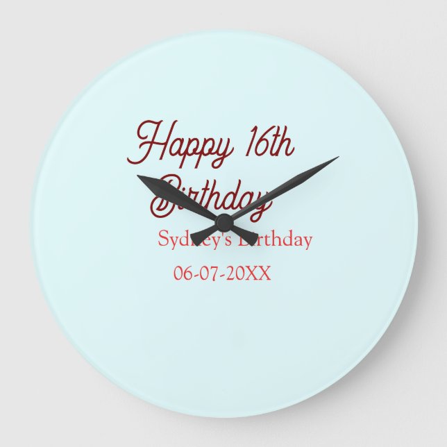Pastel blue red happy 16th birthday name date eleg large clock (Front)