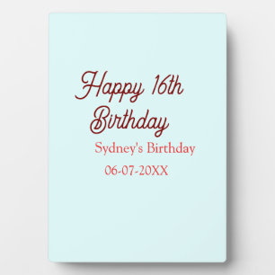Pastel blue red happy 16th birthday name date eleg plaque