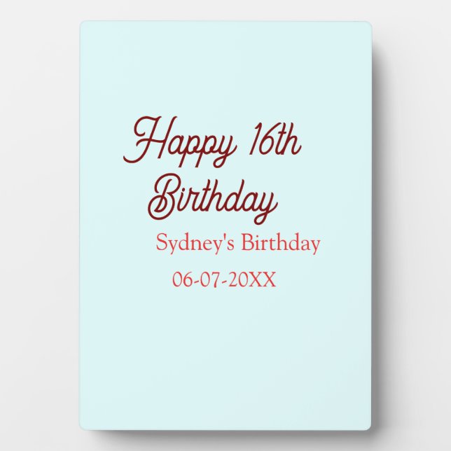 Pastel blue red happy 16th birthday name date eleg plaque (Front)