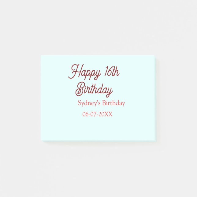 Pastel blue red happy 16th birthday name date eleg post-it notes (Front)