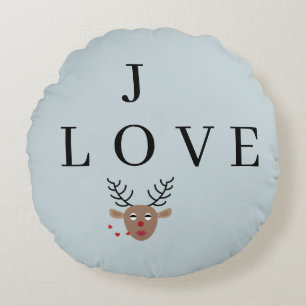 Pastel Blue Reindeer Love Joy Festive Christmas Round Pillow