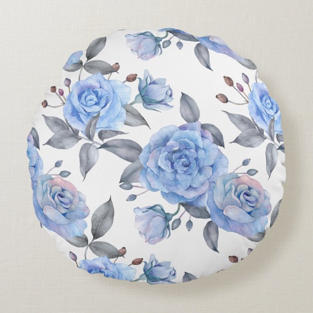 Pastel blue rose pattern round pillow (Front)