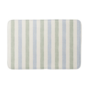 Pastel Blue Sage Green Stripe Boho Farmhouse Bath Mat