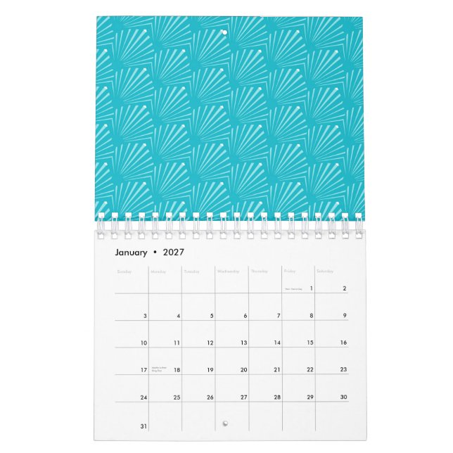 Pastel Blue Seashell Silhouette Diagonal Lines Art Calendar (Jan 2027)