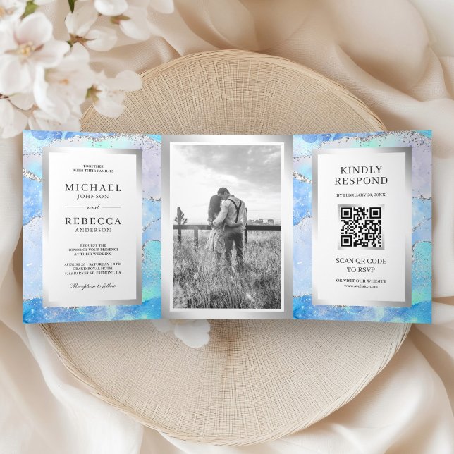 Pastel Blue Silver Agate Marble QR Code Wedding Tri-Fold Invitation (Creator Uploaded)