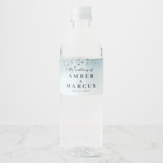 Pastel Blue Silver Fairytale Wedding Water Bottle Label (Front)