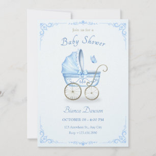 Pastel blue soft baby stroller baby shower invitation