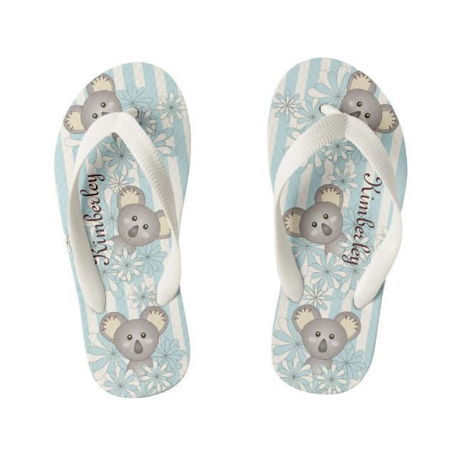 Pastel Blue Stripe Cute Baby Koala Bear Kid's Flip Flops (Footbed)
