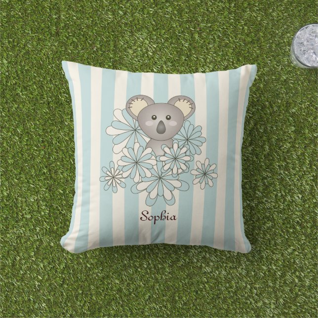 Pastel Blue Stripe Cute Baby Koala Bear Kids Outdoor Pillow (Grass)