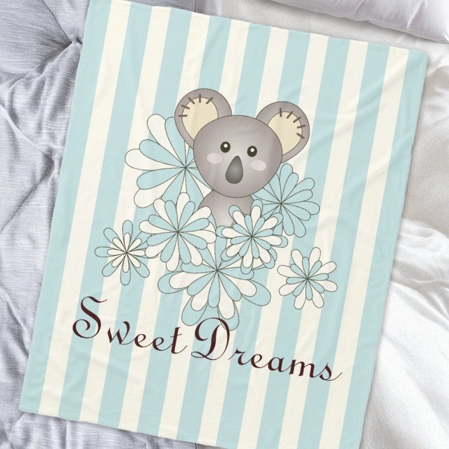 Pastel Blue Stripe Cute Baby Koala Kids Fleece Blanket (Creator Uploaded)