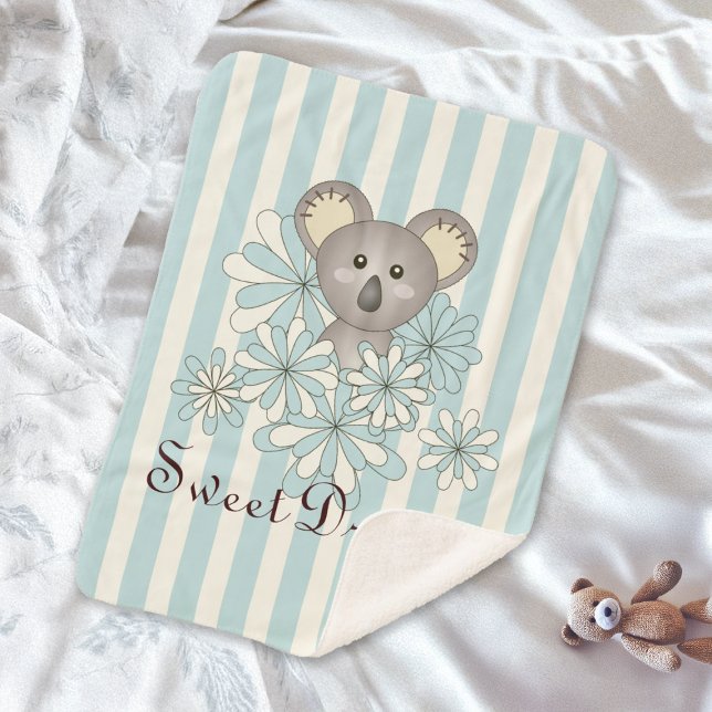Pastel Blue Stripe Cute Baby Koala Kids Sherpa Blanket (Creator Uploaded)