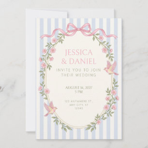Pastel Blue Stripe Pink Bow Floral Bird Oval Frame Invitation