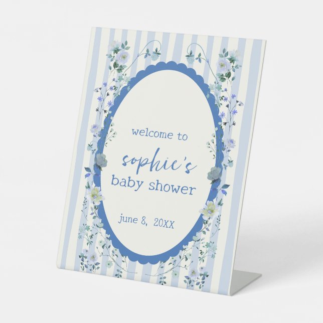 Pastel Blue Stripe Wreath Baby Shower Welcome  Pedestal Sign (Front)
