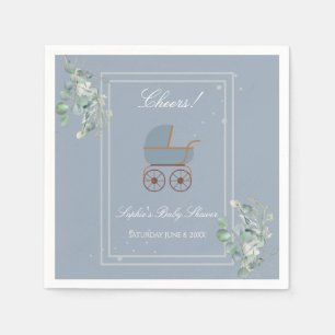Pastel Blue Stripes Baby Carriage Baby Shower Napkin