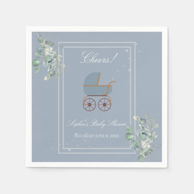 Pastel Blue Stripes Baby Carriage Baby Shower Napkin (Front)