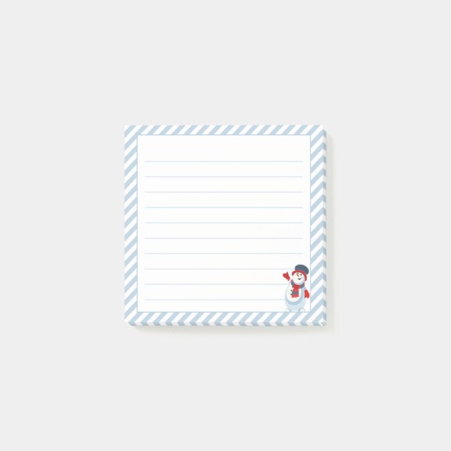 Pastel Blue Stripes, Cute Waving Snowman Post-it Notes (Front)