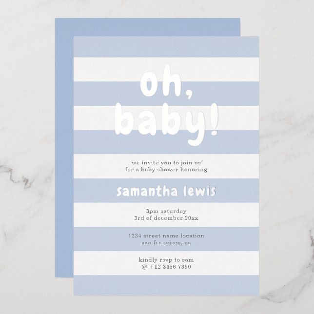 Pastel Blue Stripes Oh Baby Boy Shower Silver (Front/Back)