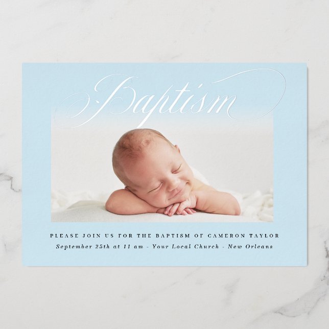 Pastel Blue Subtle Cross One Photo Baptism Silver (Front)