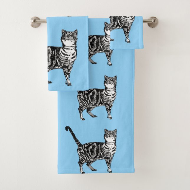 Pastel Blue Tabby Cat Cats Girls Art Towel Set (Insitu)