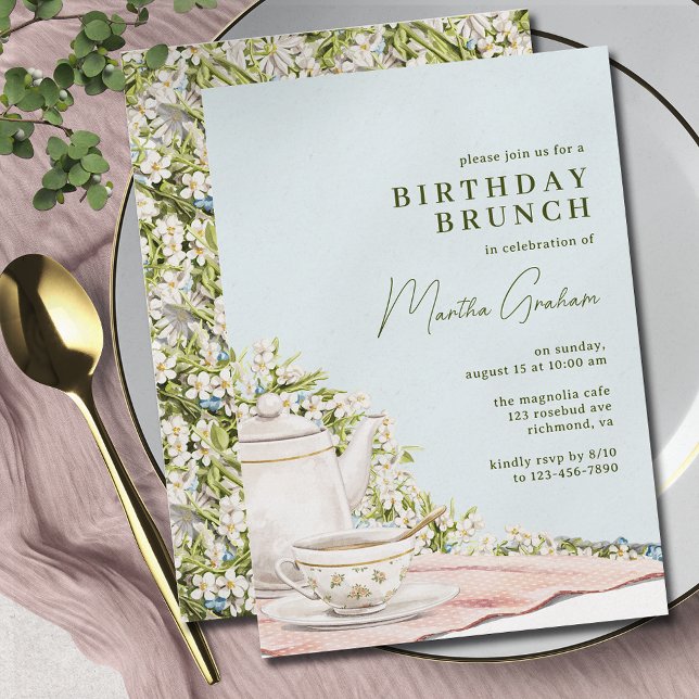 Pastel Blue Teapot Floral Elegant Birthday Brunch Invitation (Creator Uploaded)
