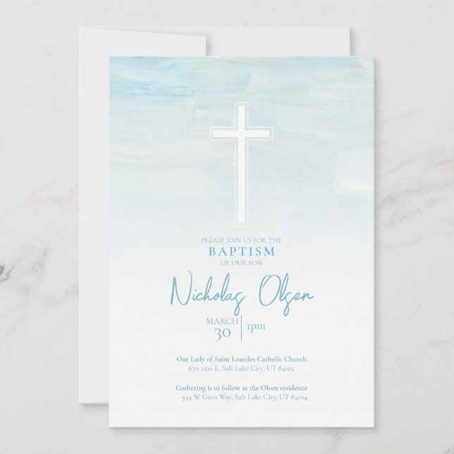 Pastel Blue Watercolor Baby Boy Baptism Invitation (Devant)