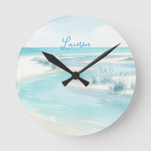 pastel blue watercolor beach waves name editable c round clock