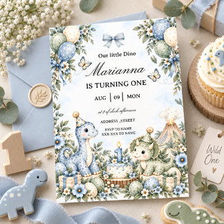 Pastel blue Watercolor Dinosaur 1st Birthday Invitation
