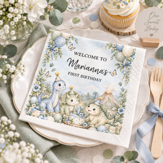 Pastel blue Watercolor Dinosaur 1st Birthday Napkin