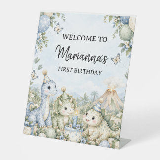 Pastel blue Watercolor Dinosaur 1st Birthday Pedestal Sign