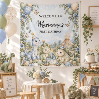 Pastel blue Watercolor Dinosaur 1st Birthday Tapestry