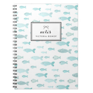 Pastel Blue Watercolor Fish Pattern Personalized Notebook