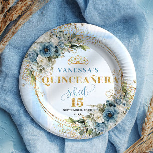 Pastel Blue Watercolor Floral Gold Quinceañera  Paper Plate