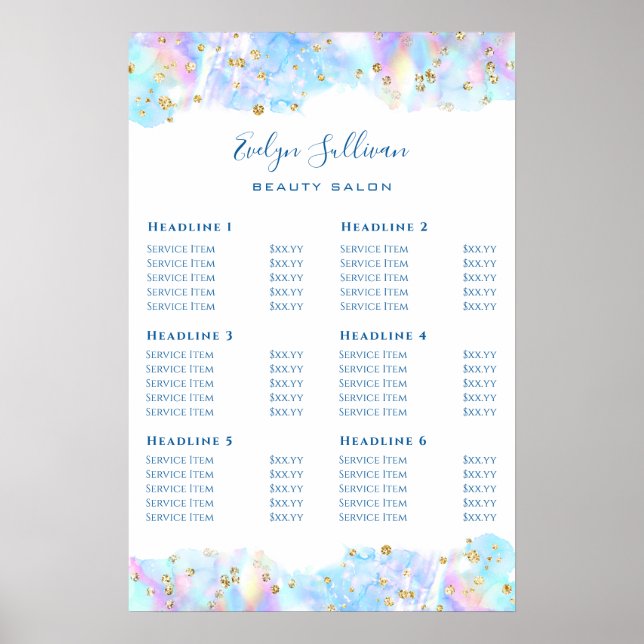 Pastel Blue Watercolor Glitter Price List Poster (Front)
