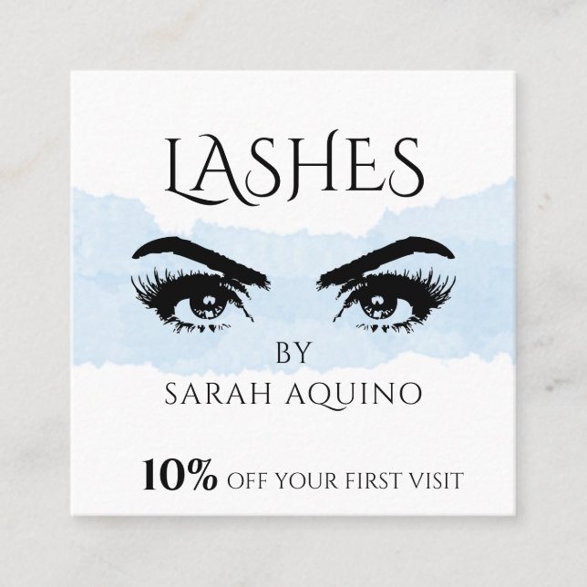 Pastel Blue Watercolor Wash & Glam Eyes Lashes Discount Card (Front)