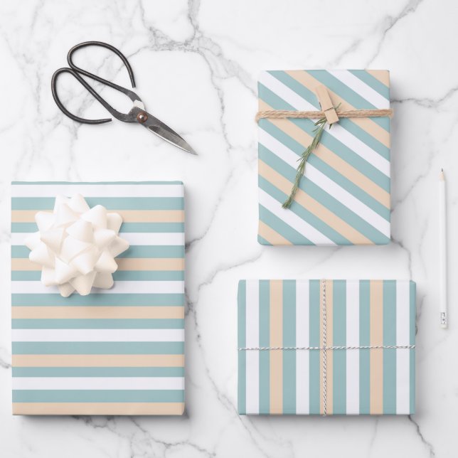 Pastel blue, white and blush stripes wrapping paper sheet (Front)
