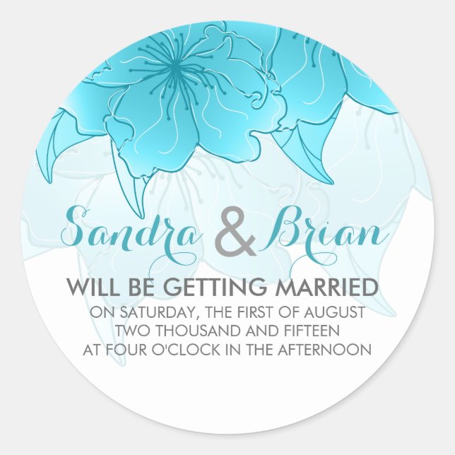 Pastel Blue & White Floral Wedding Design Classic Round Sticker (Front)