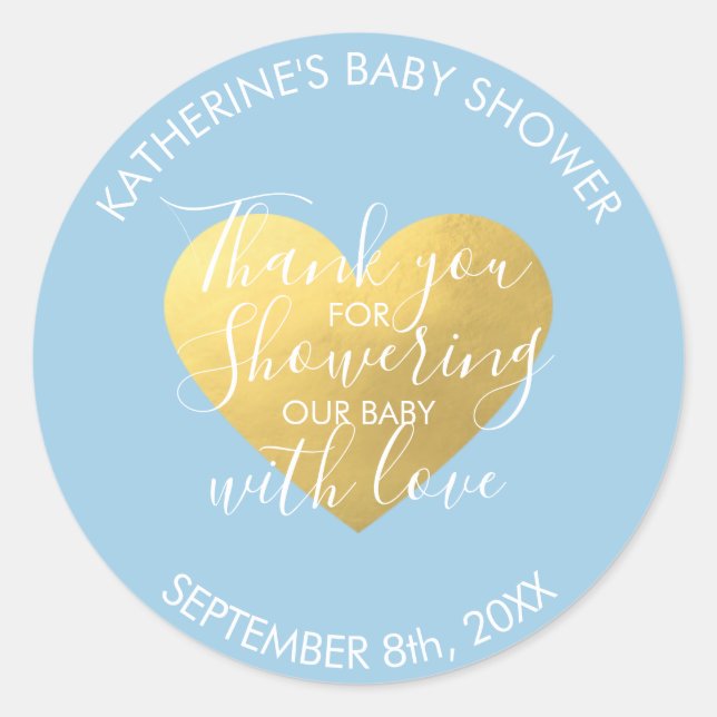 Pastel Blue White Gold Foil Heart Baby Shower Classic Round Sticker (Front)