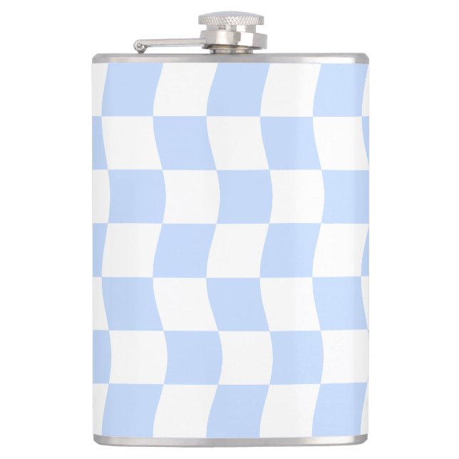 Pastel Blue White Retro Checkerboard Pattern Hip Flask (Front)