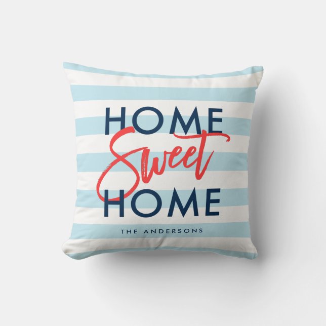 Pastel Blue White Stripes Home Sweet Home Throw Pillow (Front)